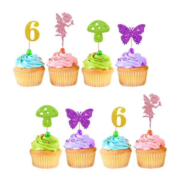 24pcs Fairy 6th Birthday Cupcake Toppers, Fairy Six Cupcake Toppers, Colorful Glitter Butterfly Cupcake Picks for Girls, Fairy Themed 6th Birthday/Anniversary Party Supplies