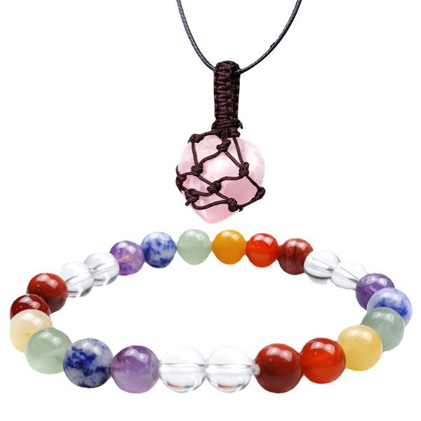 Healing Crystal Natural Energy Rose Quartz Crystal Heart Shape Hand Woven Peach Heart Knot Pendant Necklace Seven Chakra Crystal Beads Bracelet for Yoga Reiki Blancing