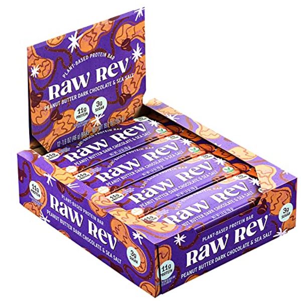 Raw Rev Vegan High-Protein Bars, Peanut Butter Dark Chocolate & Sea Salt, 1.6 Oz (Pack of 12)