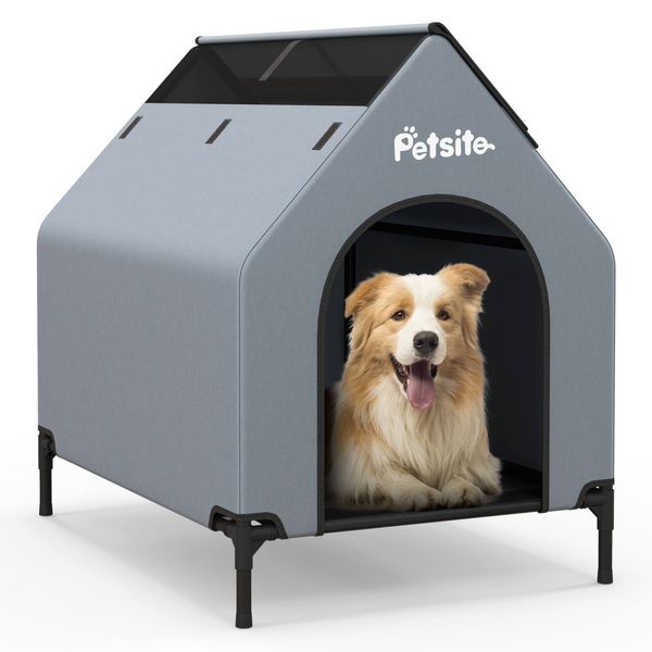 36" Elevated Dog House Large Pet House for Small Breeds w/ Ventilated Windows