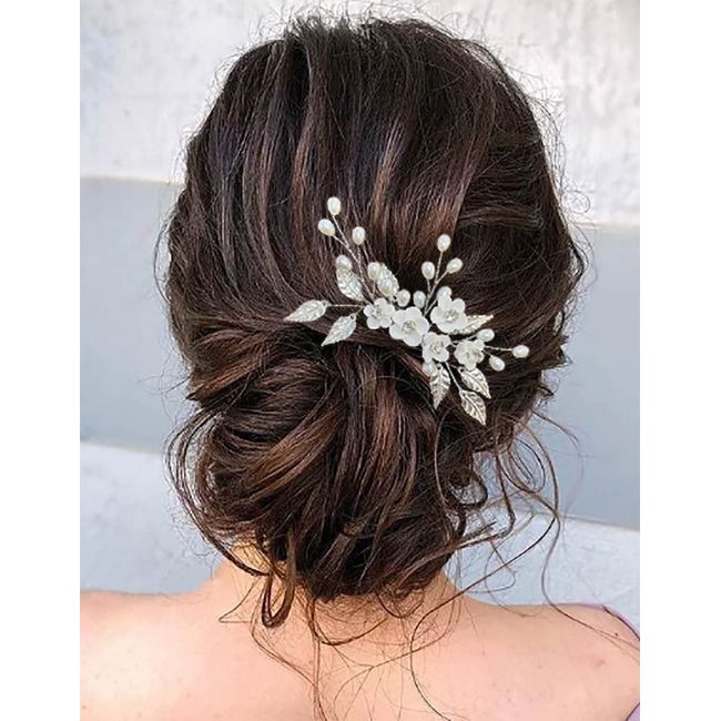 Unicra Flower Bride Wedding Hair Comb Silver Leaf Hair Accessories Crystal Pearl Bridal Headpiece for Women and Bridesmaid