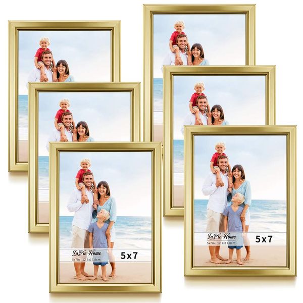 LaVie Home 5x7 Picture Frames (6 Pack, Gold) Simple Designed Photo Frame with High Definition Glass for Wall Mount & Table Top Display, Set of 6 Classic Collection