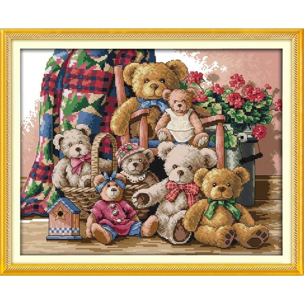 Joy Sunday Cross Stitch Kit 11CT with Stamps Full Range Embroidery Starter Kit for Beginners Pre-Printed Pattern Bear Family