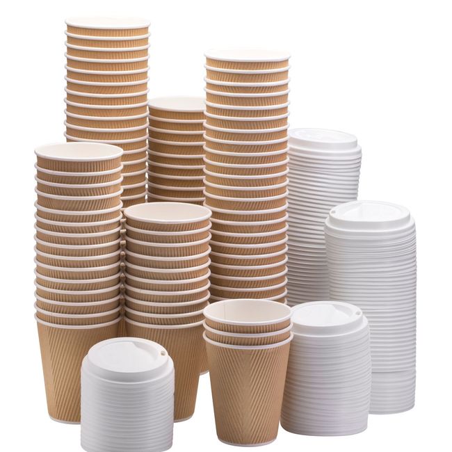 NYHI Set of 100 Brown Disposable Paper Cups with White Lids (12-oz) | Ripple Insulated Kraft for Hot Drinks - Tea & Coffee | Triple Layer Design | Eco- Friendly, Recyclable, Durable Paper