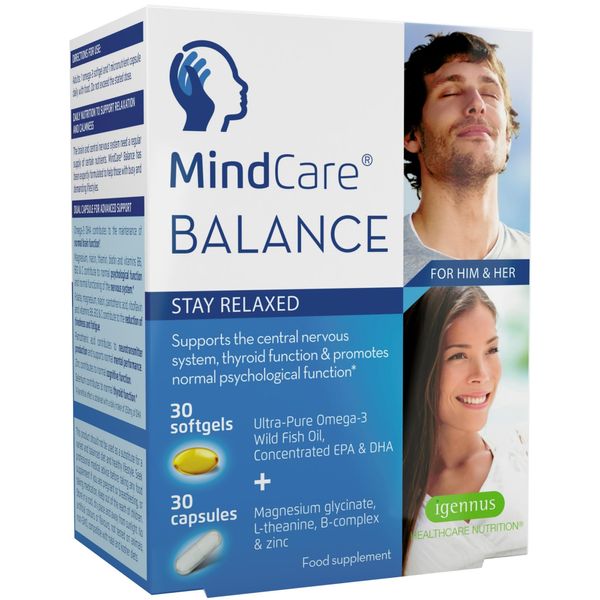 MindCare Balance with Magnesium Glycinate, L-Theanine, Omega-3 EPA DHA & B-Vitamins, Calming Supplement, 60 Capsules, by Igennus