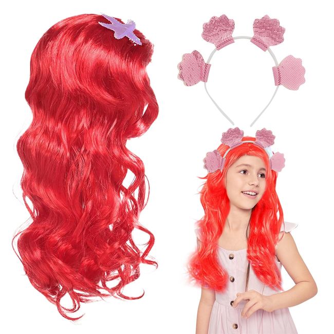 XNIVUIS Girls Mermaid Princess with Red Wig and Headband Angels Princess Little Mermaid Pretend Fancy Dress Up Costume Adult Kids Mermaid Themed for Halloween Masquerade Christmas (one size, red)