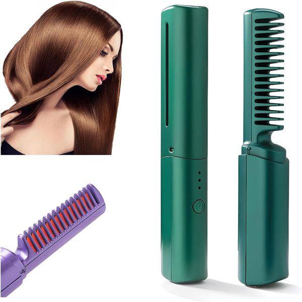 Rechargeable Mini Hair Straightener, Cordless Hair Straightener Brush, Portable Straightening Brush with Negative Ion,Hot Comb Hair Straightener for Women,2 in1 Lightweight for Trave (Green)