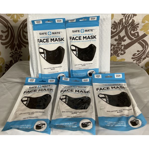 Safe+Mate 5 Washable&Reusable Cloth Masks Including Filter Adult Single Pack S/M