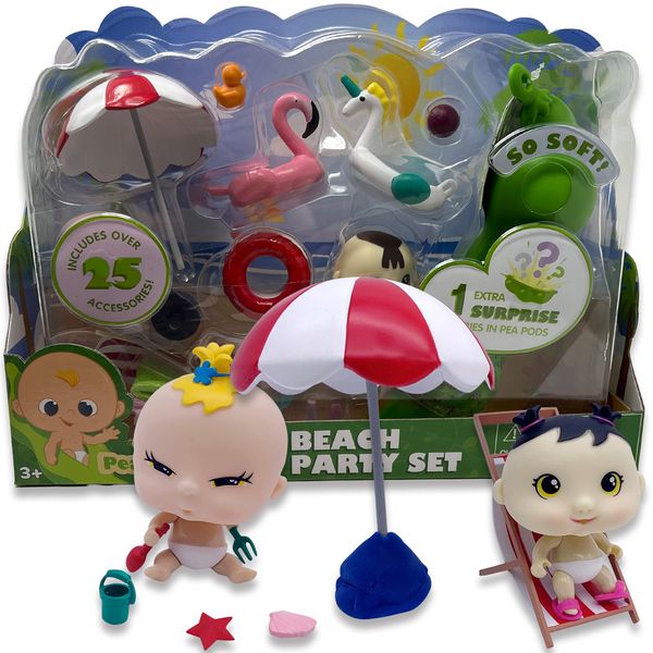 Nature Bound Pea Pod Babies Bundle - Collectible Mystery Surprise Toys with Mini Baby, Clothing, & Accessories - Small Doll (Beach Party Set)