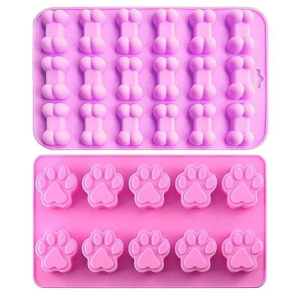 BREEZO Silicone Baking Mould, 2PCS Cat paw & Bone Shaped Reusable Ice Cube Trays, Silicone Moulds for Candy, Chocolate, Gummy, Jelly, Soap Molds DIY, Cookies Molds for Pets and Kids