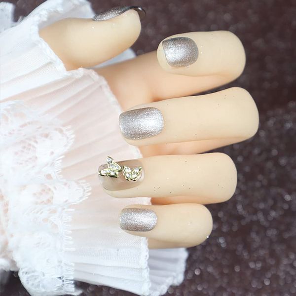 Girly Nail Cute Silver Glitter 24pcs Nail Tips for Wedding, Party, Holiday, Dating, Prom, Daily Life