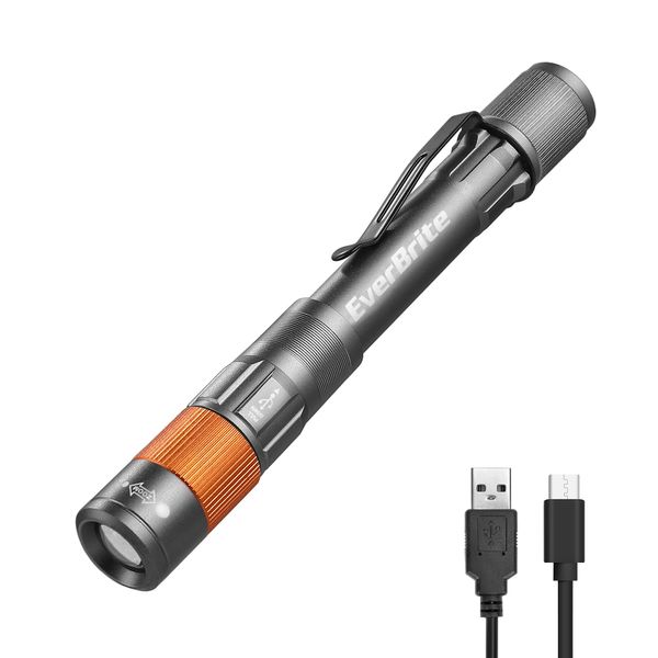 EverBrite Rechargeable Pen Light, 300 Lumens EDC Flashlight, Zoomable LED Pocket Flashlight with Clip, Memory Function and USB C Cable Included, for Camping, Emergency, Grey