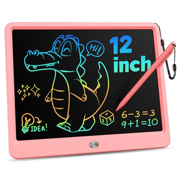 KOKODI 12 Inch LCD Writing Tablet with Anti-Lost Stylus, Erasable Doodle Board Colorful Toddler Drawing Pad, Car Travel School Games Toys for 3 4 5 6 7 8 Kids, Birthday Gift for Girls Boys Adults Pink