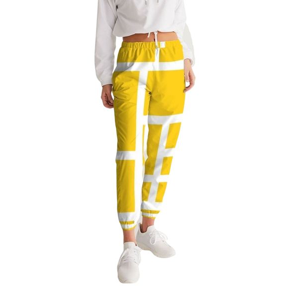 Womens Track Pants - Yellow & White Geometric Graphic Sports Pants - M