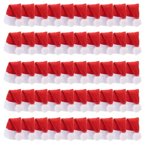 GOMAKERER 50 Pcs Mini Santa Hats, Cloth Mini Christmas Bottle Hats Christmas Lollipop Candy Hats Party Supplies for DIY Crafts Wine Bottles Cover Home Christmas Decor