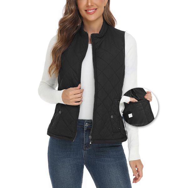 YESLIFE 2024 Black Women's Outwear Quilted Vest With One Inside Pocket - Stand Collar Lightweight Padded Gilet for Women L