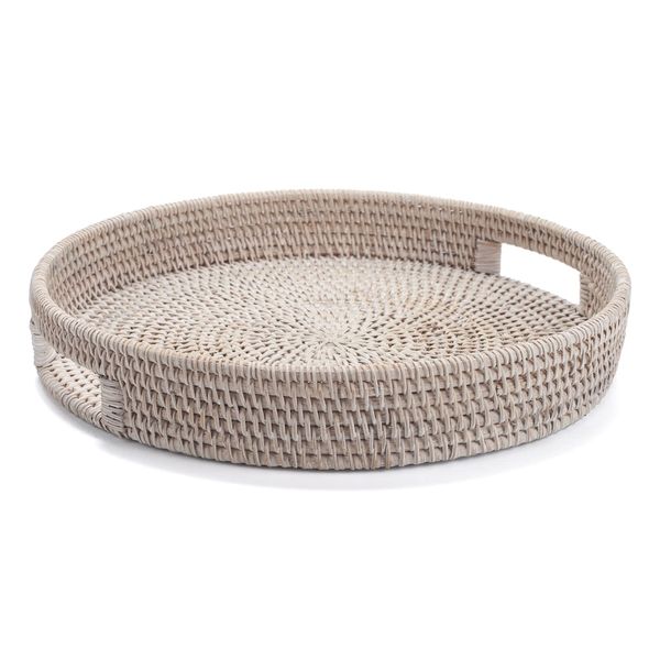 14.2 inch Round Rattan Tray, Ottoman Tray, Woven Serving Tray with Cut - Out Handles, Wicker Serving Basket, Whitewash