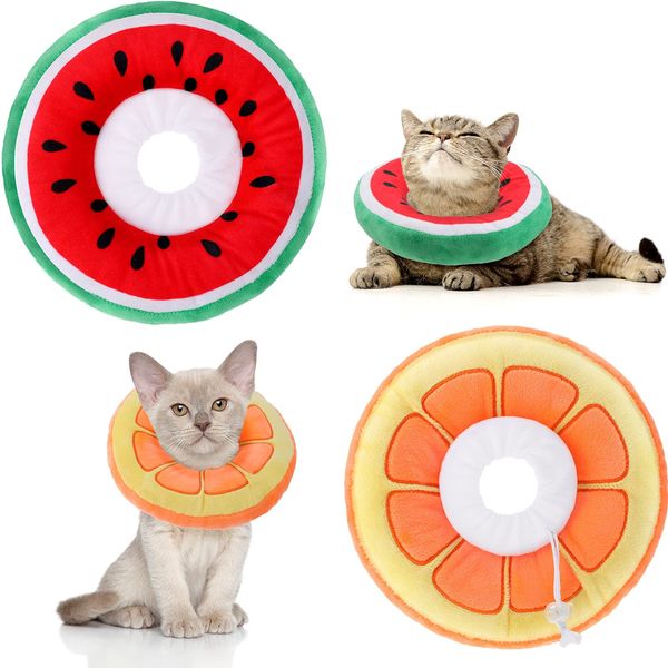 Frienda 2 Pieces Adjustable Cat Cone Collar Soft Cat Recovery Collar Cute Cat Elizabethan Collars Pet Neck Cone for Kitten and Small Dogs, Orange and Watermelon