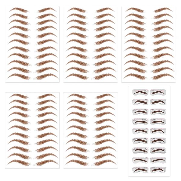 5 Sheets (55 Pairs) Brown Eyebrow Tattoo Stickers with 10 Pairs Thrush Cards, Waterproof Durable Eyebrow Stickers, 6D Realistic Eyebrow Transfer Stickers