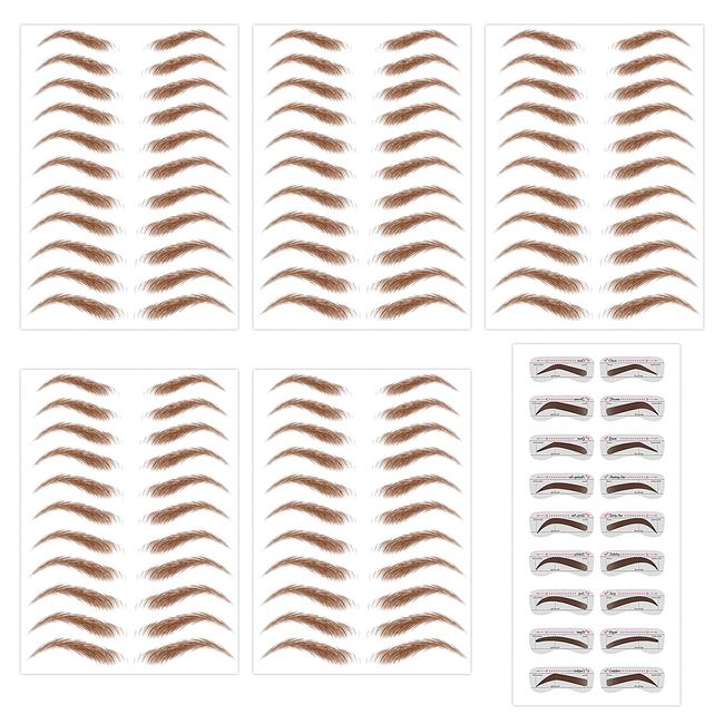 5 Sheets (55 Pairs) Brown Eyebrow Tattoo Stickers with 10 Pairs Thrush Cards, Waterproof Durable Eyebrow Stickers, 6D Realistic Eyebrow Transfer Stickers