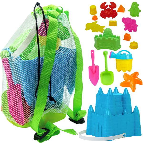 4E's Novelty Beach Toys for Kids with Bag (17 Pcs Set) Castle Beach Bucket with Shovels & Molds - Beach Toys for Kids 3-10, Sand Toys for Toddlers with Mesh Beach Bag Backpack