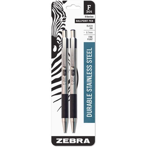 Zebra Pen F-301 Retractable Ballpoint Pen, Stainless Steel Barrel, Fine Point, 0.7mm, Black Ink, 2-Pack
