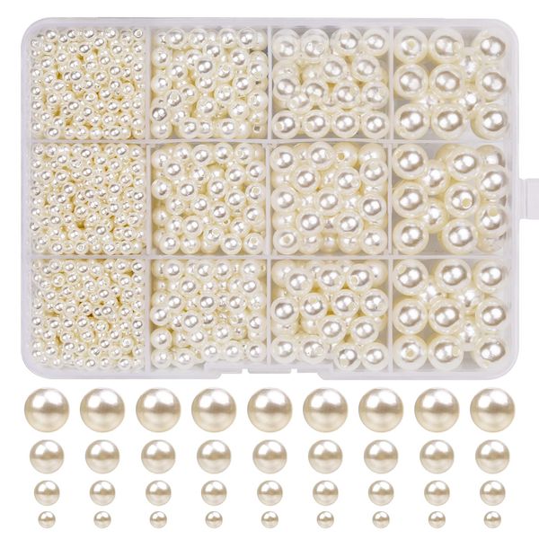 1320 Pcs Pearl Beads, Ivory White Round Pearl Beads for Jewellery Making Crafting Necklaces Bracelets Earrings Rings Jewelry Making Supplies, 4/6/8/10mm Imitation Pearls Satin Luster