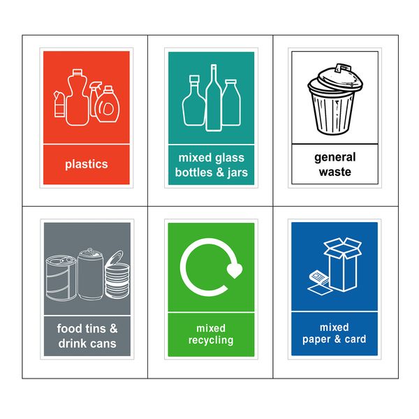 Mixed Pack of 6 Multi Recycling Stickers for Bin (A6-100 x 150mm) Waterproof Recycling Bin Stickers Waste Bins, Food, Plastics, Mixed paper and Card, Mixed Glass and General Waste Sara Prints®