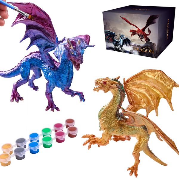 SOLDAY Dragon Toys Painting Kits for Kids Arts and Crafts Ages 3 6 5 7 9 12 Boys Girls to Make Your Own Paintable Figurines Metal Color Party Supplies - 2 Dragons