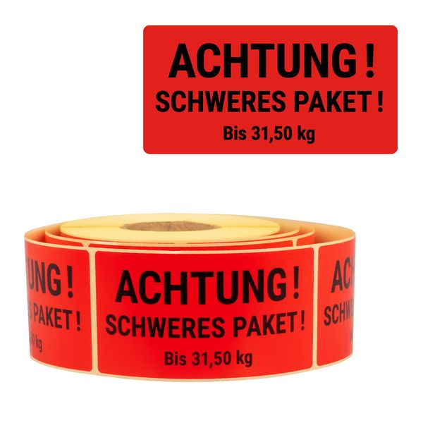 MDlabels Warnetiketten auf rolle 100x50mm 500 Stück Achtung Schweres Paket bis 31,5 kg - Versandaufkleber