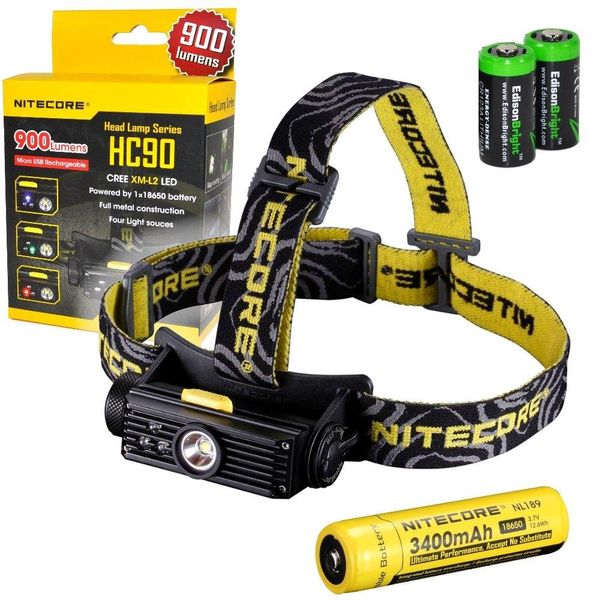 Nitecore HC90 900 Lumen CREE XM-L2 T6 LED USB rechargeable headlamp with Genuine NL189 18650 3400mAh Li-ion rechargeable battery, Two EdisonBright CR123A Lithium Batteries