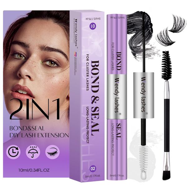 Lash Bond and Seal, Cluster Lashes Glue Bond and Seal 2 IN 1 for Cluster Eyelash Extensions Black Lash Bond Waterproof Mascara Wand Strong Hold 48-72 Hours Eyelash Cluster Glue