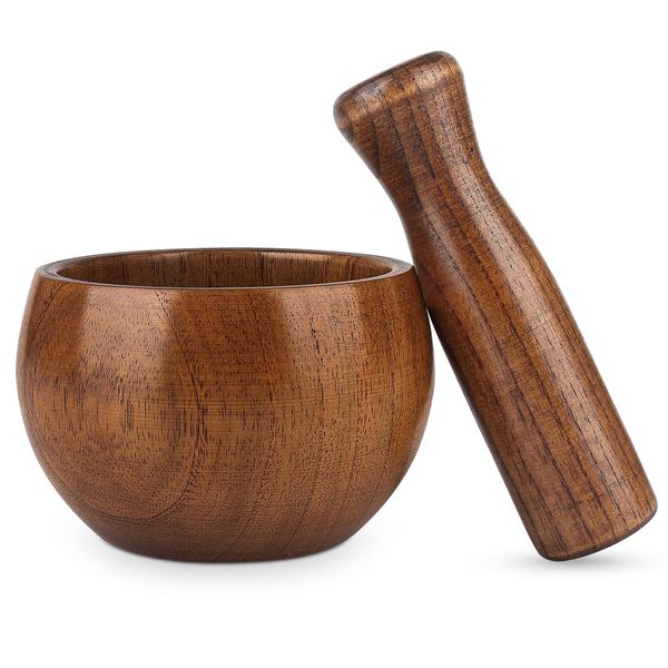 Hisize Wood Mortar and Pestle Set, Wood Grinder Bowl for Guacamole, Salsa, Herb Crusher and Pill