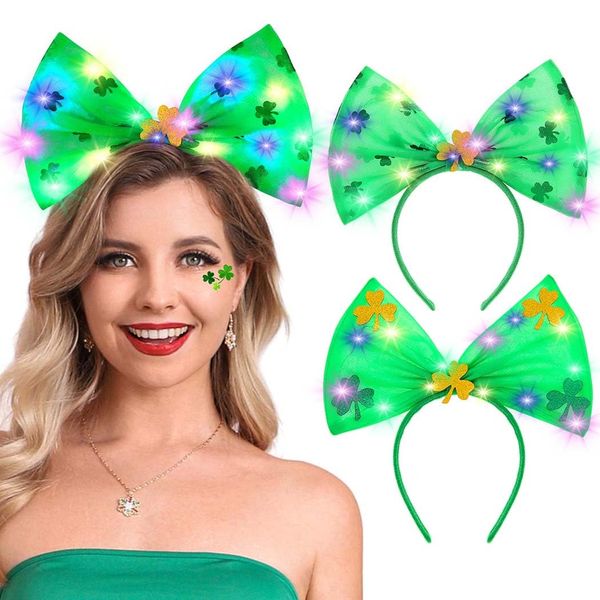 DRESBE St. Patrick's Day Light Up Headbands Green LED Shamrock Bow Headband Irish Hair Accessories for Women and Girls(2pcs)