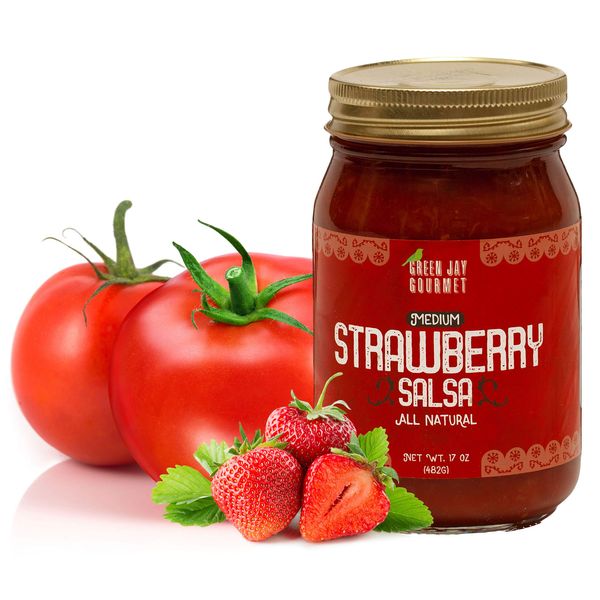 Green Jay Gourmet Strawberry Salsa - Strawberry-Flavored Fruit Salsa - Medium Heat Picante Salsa - Gourmet Salsa Dip with No Preservatives - Gluten-Free, Small Batch Natural Salsa Sauce - 17 Ounces