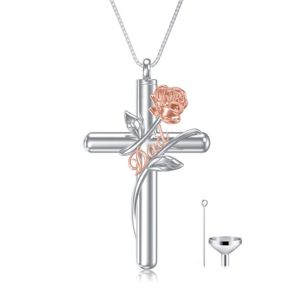 Flpruy Damen Kreuz Urnenketten für Asche, Dad Kreuz Asche Urne Kette Anhänger Halskette mit Geschenkbox, Rose Kreuz Asche Schmuck Kette Geschenke für Frauen Mädchen Frauen