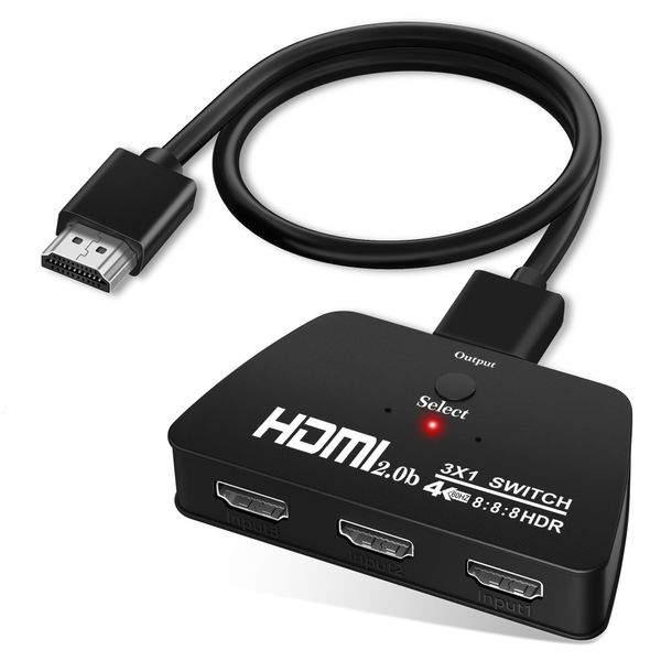 HDMI Switch, 4K@60HZ HDMI Switch 3 in 1 Out 【mit 1.2M HDMI Kabel】 HDMI Switch 4K Unterstützt 4K@60HZ, 3D, HDCP2.2, HDR10, HDMI Umschalter für HDTV, Laptop, PC, Spielkonsole, PS3/4/5, Blu Ray Player