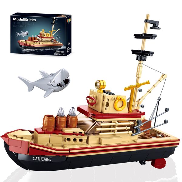 City Jaws Fishing Boat Block kit, Suitable for Lovers of Ocean Exploration and Sea Fishing as an Ornament - Marine Toys Designed for Children and Adults Aged 6+ (592 PCS Compatible with Lego.…