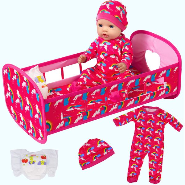 K.T. Fancy 5 PCS Baby Doll Crib 18 Inch Girl Doll Bed and Accessories Furniture Includes Doll Bed Clothes Rainbow Hat and Diaper Fit for 16-18 Inch Doll