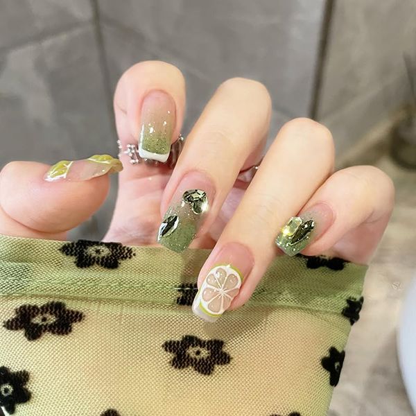 AAGWW Nail Tips, Very Short, Long, Coming-of-Age Ceremony Mat, False Nails, Cute, Miko, Supplies, Workshop, Glue Design (Color: Lime Sherbet, Product Contents: 24 Nail Art + Glue)