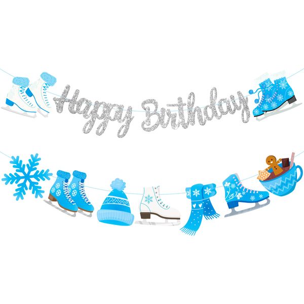 Ice Skating Birthday Banner Ice Skating Birthday Party Decorations Silver Glitter Ice Skating Party Banner Decorations for Winter Ice Skating Birthday Party Gender Reveal Party Supplies