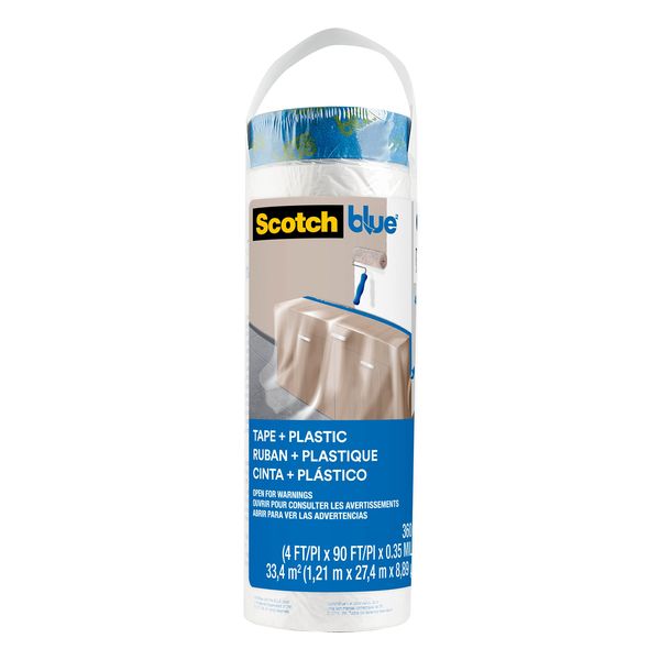 ScotchBlue Pre Plastic Painters Tape, 48 in x 30yd, Tape & Masking Film Combined in One Product, Static Cling to Stay in One Place, No Residue Masking Tape, Film Unfolds to 48" Wide (PT2093EL-48)