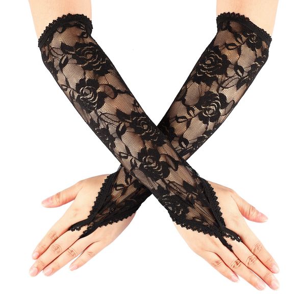 Neer Halloween Long Evening Gloves Opera Fingerless Gloves Elbow Length Lace Gloves Long Black Gloves Flapper Accessories 1920s Costume Bridal Fancy Dress Gloves for Women and Girls