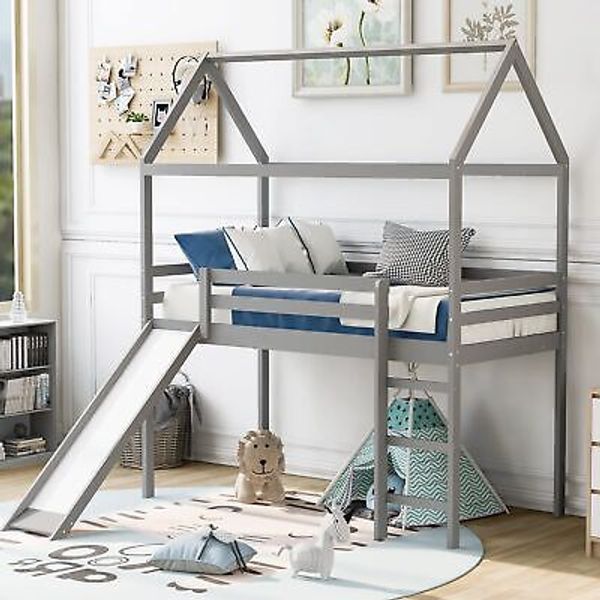 Twin Size Loft Bed with Slide, House Shaped Solid Pine Wood Bed Frame with Sa...