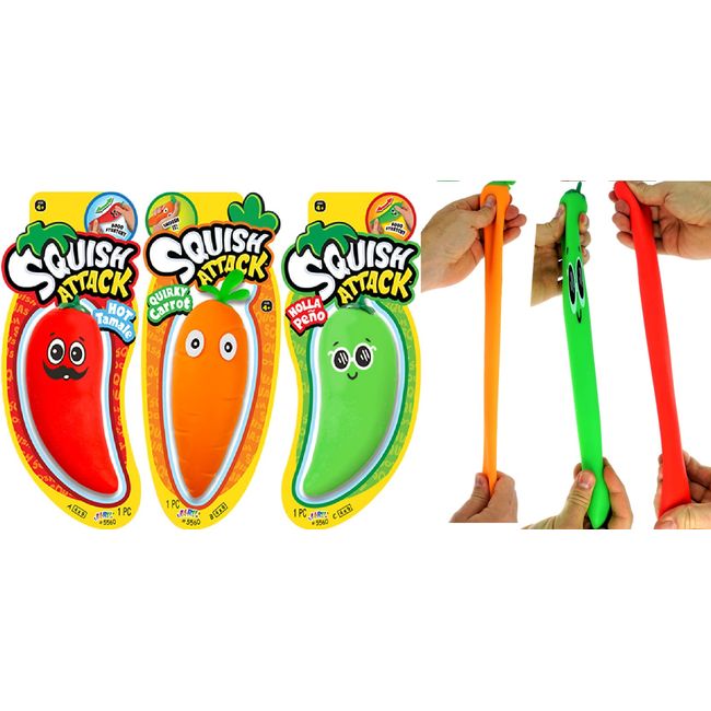 JA-RU Stretchy Carrot and Peppers Veggies Squish Attack Sensory Toys (3 Pack) Stress Relief Toys Sand Filled, Fidget Toys Easter Gifts for Kids and Adults. Autism Toys, Party Favors. 5560-3p