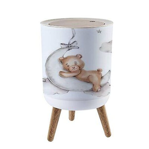 Small Trash Can with Lid Cute Teddy Bear Sleeps on The Moon; Watercolor Hand ...