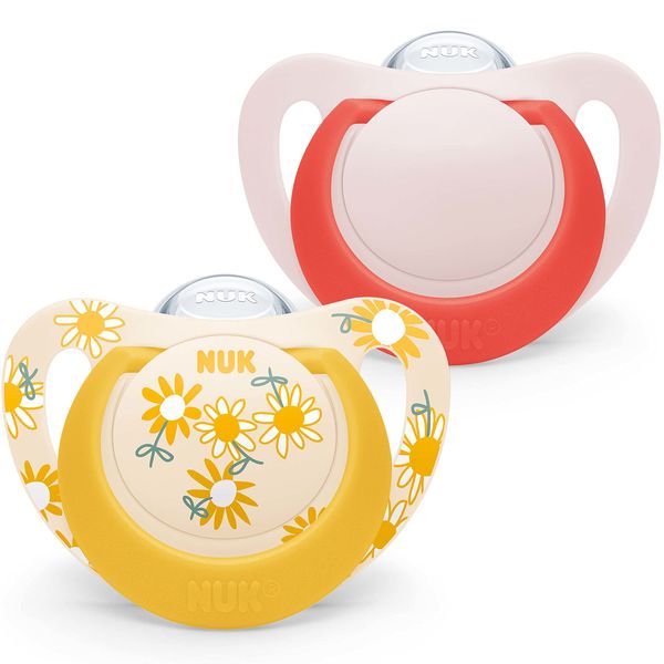 NUK Star Baby Dummy | 6-18 Months | BPA-Free Silicone Soothers | Yellow Flowers | 2 Count