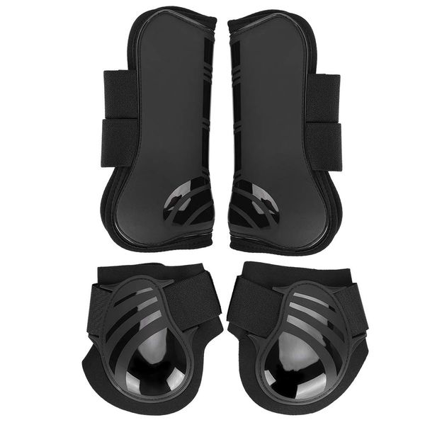 Cikonielf 4Pcs Horse Leg Protector Elastic PU Horse Front Hind Leg Boots Horse Riding Tendon Fetlock Boots Pony Shock Absorbing Show Competition Leg Protection(L-black)