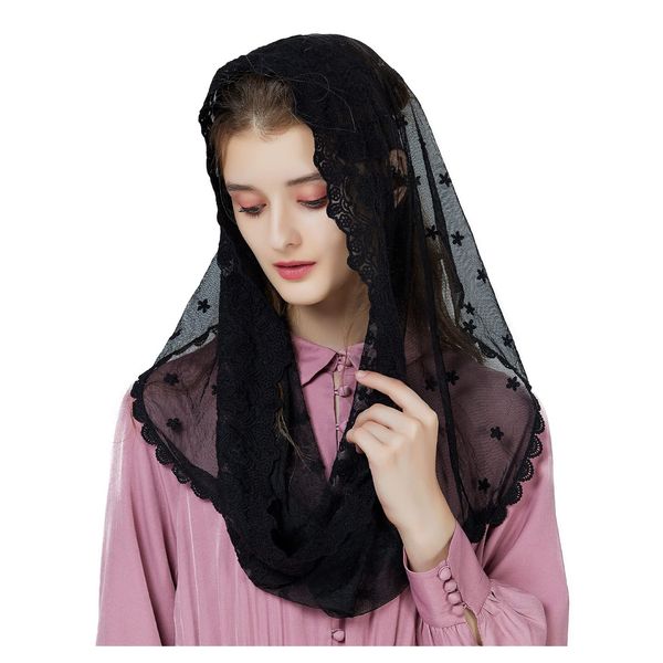 Infinity Chapel Veil Catholic Church Black Mantilla Lace Embroidered Black Elegant Head Cover V104 One Size Black