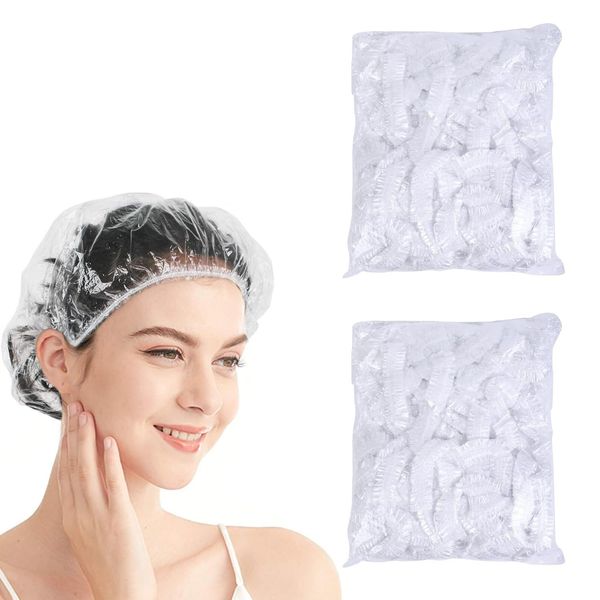 Shower Cap, Disposable Hair Cap, 200 Pieces, Hair Cap, For Hair Color, For Hair Dying, For Hotels and Esthetics, PE, Hair Cap, Disposable Hair Cap, Waterproof, Transparent, Unisex (White, 200 Pieces)